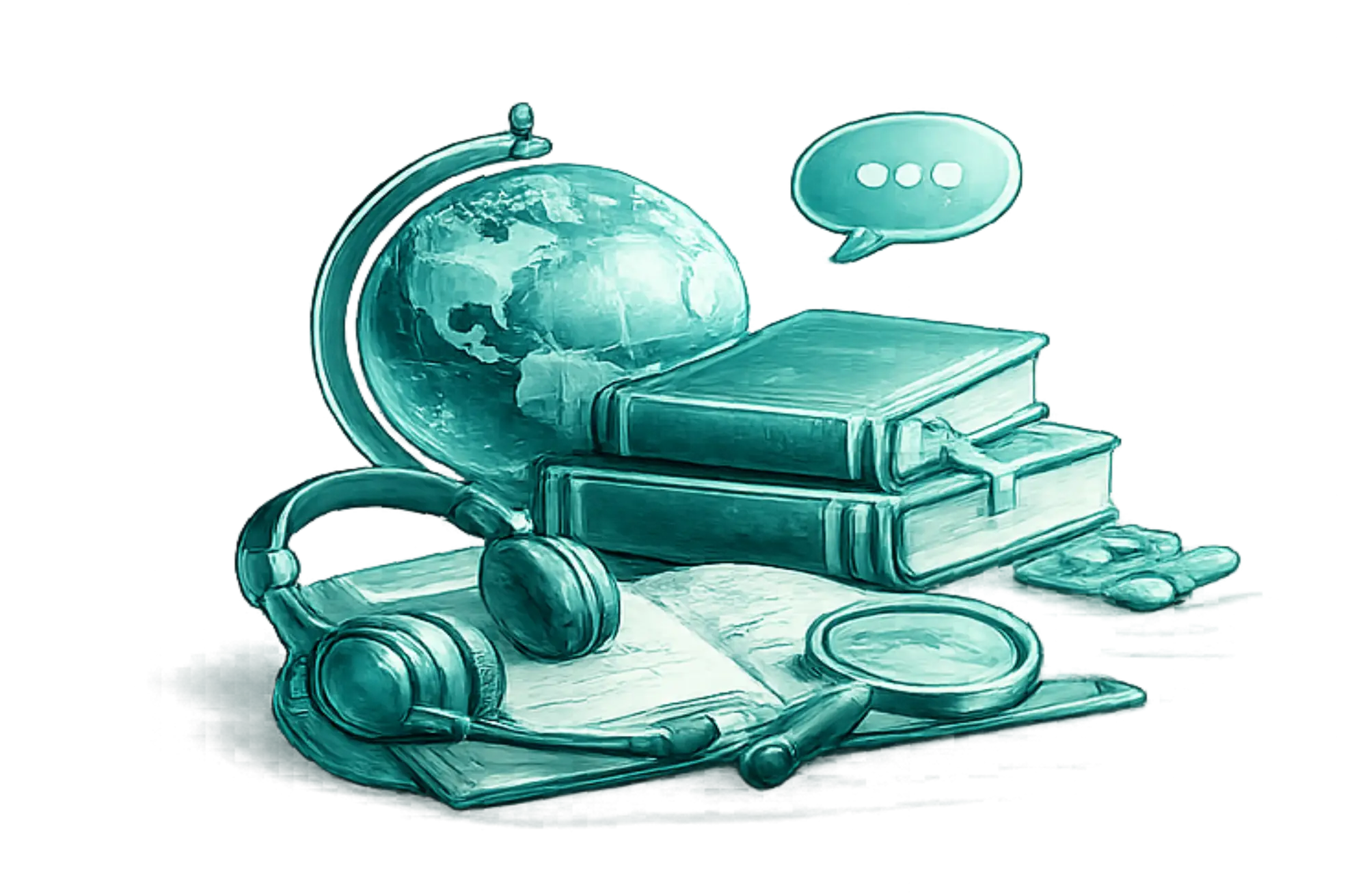 Iranian translation services category illustration featuring dictionaries, translation tools and global communication symbols