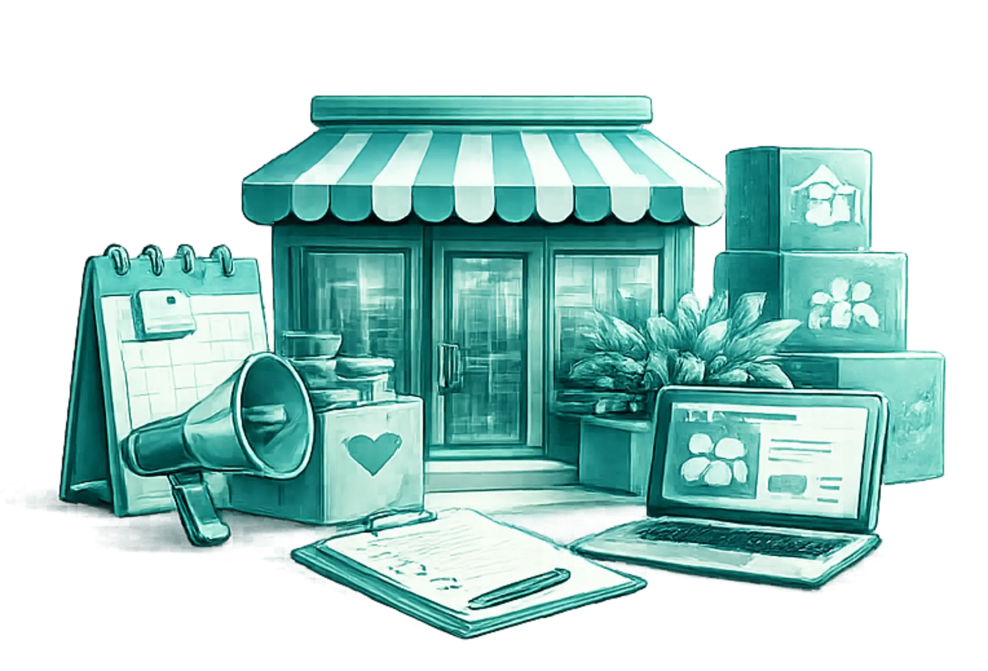 Iranian community services and local business support category illustration with storefront, community resources and digital services