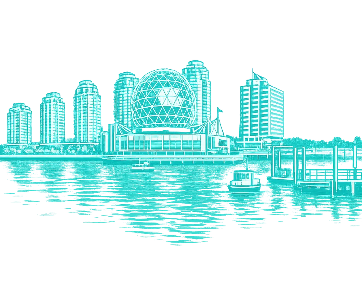 Iranian businesses in Vancouver Canada waterfront skyline illustration